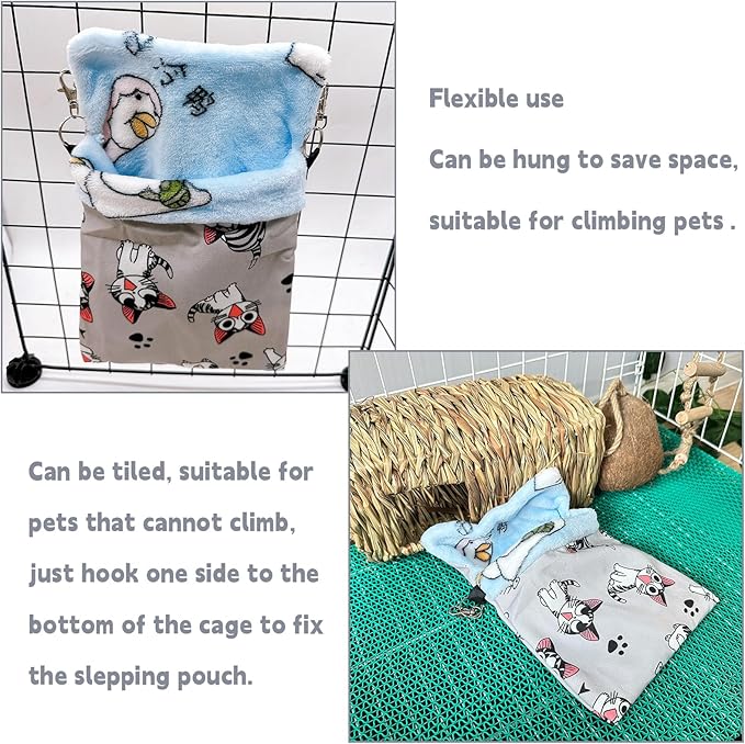 Sugar Gliders Sleeping Pouch Bag Hamster Cotton Hanging Flannel Warm Bed Hideout with Hooks Glove Small Pet Nest Bed for Rat Squirrel Hedgehog,Silver