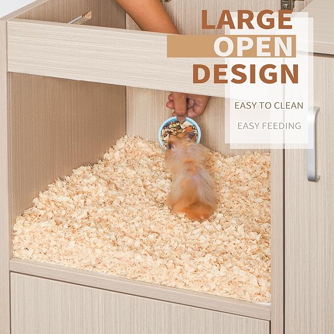 Guinea Pig Cages with Storage Cabinet, Wood Large Hamster Habitat,Hedgehog Cage with Acrylic Sheets and Openable Top,Small Animal Cage for Hedgehog Mouse Gerbil (Wood, 33.5 inch)