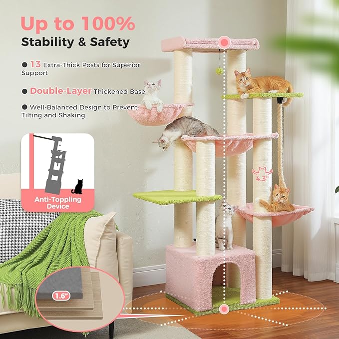 Pink Cat Tree for Large Cats 20 lbs, 67-Inch Tall Heavy Duty Cat Tower with 13 Thick Sisal Scratching Posts (φ4.3), Maine Coon Cat Tree for Indoor Cats, 2 Platforms, 3 Hammocks, Perch, Condo