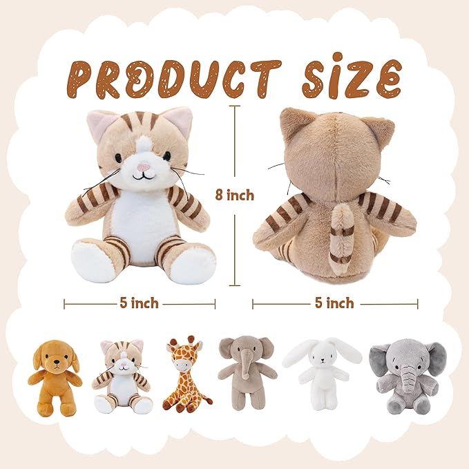 6 Pcs Stuffed Animals Bulk, 8 Inch Jungle Animals Stuffed Toys, Zoo Stuffed Animals Set, Small Stuffed Safari Animals, Cat Dog Elephants Giraffe Bunny for Party Animal Themed