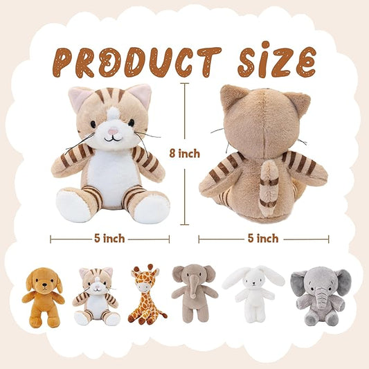 6 Pcs Stuffed Animals Bulk, 8 Inch Jungle Animals Stuffed Toys, Zoo Stuffed Animals Set, Small Stuffed Safari Animals, Cat Dog Elephants Giraffe Bunny for Party Animal Themed
