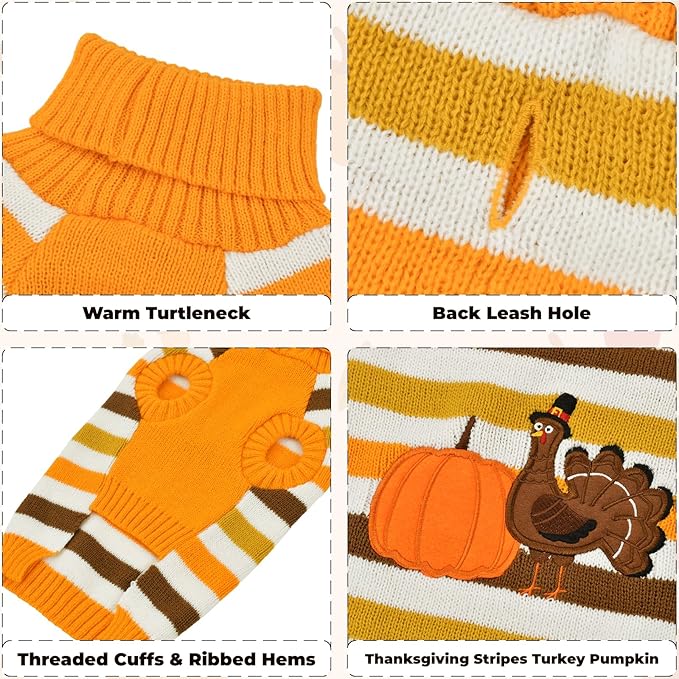Vehomy Thanksgiving Dog Sweater Pet Pumpkin Turkey Clothes Costume Cat Stripe Turtleneck Knitwear Shirt Pullover Dog Puppy Thanksgiving Clothes for Small Medium Large Dogs Cats XL