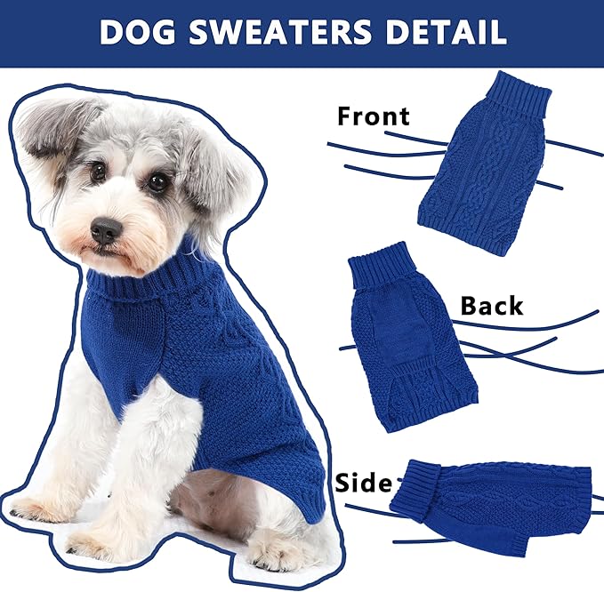 Dog Sweaters for Small Dogs Winter Dog Clothes Turtleneck Knit Puppy Sweater Warm Chihuahua Clothes Cat Sweater Frenchie Doggy Pullover Outfit with Twisted Design(Navy Blue, Small)