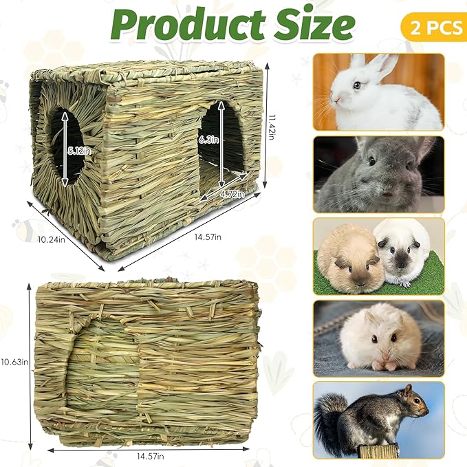 Hamiledyi 2 Pack Large Rabbit Grass House Hand Woven Natural Bunny Hut Foldable Play Bed Safe Cozy Hideaway Hay Mat Chew Toys for Hamster Guinea Pig Chinchilla Gerbil Ferret