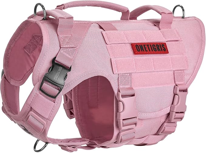 OneTigris Large Tactical Dog Harness, No Pulling Adjustable Dog Vest Harness, Heavy Duty Dog Harness with Handle, Large Hook and Loop Panels for Patch(Pink,S