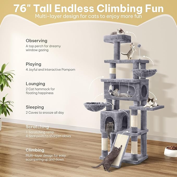 Cat Tree for Indoor Cats Large Adult, 76'' Tall Cat Tower with Scratching Post, Multi-Level Plush Cat Condo for Adult Cats, Cat Tree Tower with Hanging Balls/Wide Base/Cozy Basket and Hammock