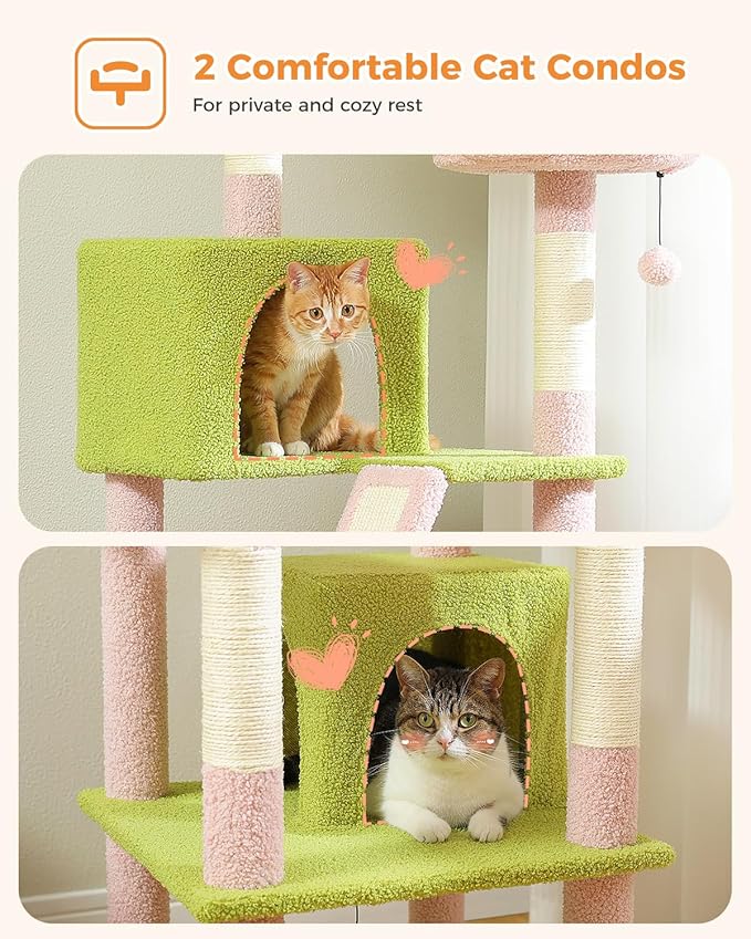 Flower Cat Tree, 70.9" Tall Cat Tree for Indoor Cats, Large Cat Tree for Large Cats, Multi-Level Tall Cat Tower with 6 Scratching Posts, 2 Cat Condos, 2 Perches, Large Hammock, Pompoms, Pink