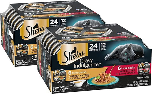 Sheba Gravy Indulgence Adult Wet Cat Food Beef Entree and Chicken Entree in Extra Gravy Variety Pack, 2.6 oz. Twin-Pack Trays (12 Count, 24 Servings) (Pack of 2)