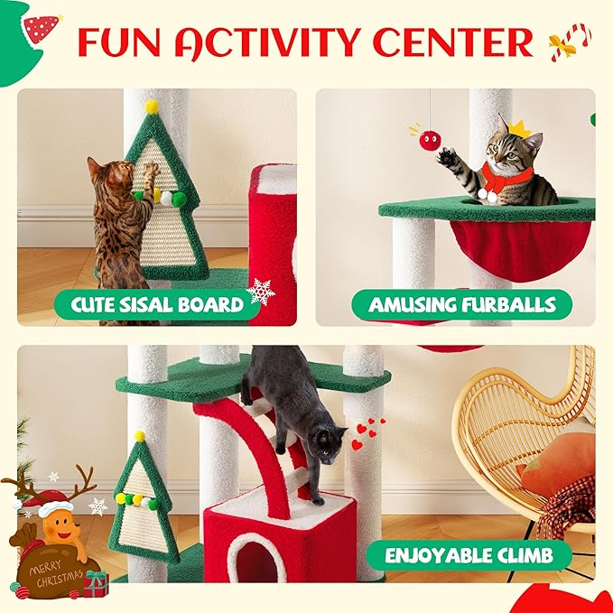 SHA CERLIN 67in Tall Cat Tree/Climbing Tower with Top Perch, Hammock, Sisal Scratching Posts/Cute Condo for Indoor Kitties/Pet Feline House/Activity Center/Christmas Decor/Green & Red