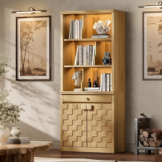 Fluted Bookcase with LED Light Set of 2, 72.2" Tall Standing Bookshelf with Drawer and Doors, Modern Storage Book Case Suite with 6-Tier Open Shelves for Office, Living Room, Bedroom (2, Original Oak)