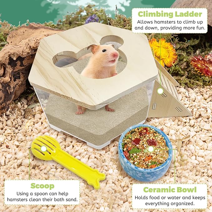 Hamiledyi Hamster Sand Bath Box Transparent Gerbil Digging Sand Container Acrylic Small Dwarf & Syrian Hamster Shower Bathtub with Climbing Ladder Bowl and Scoop Cage Accessories for Lemmings