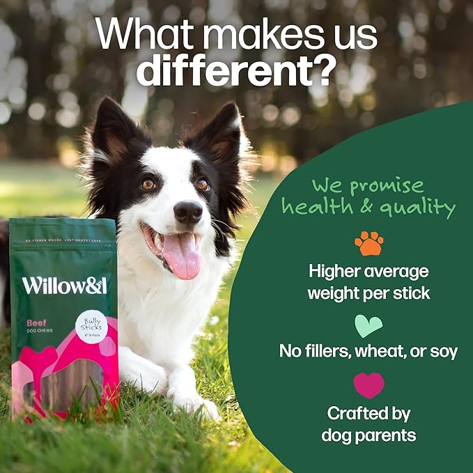 Willow & I Bully Sticks for Dogs -6 Inch Natural Bully Sticks for Medium Dogs, Small & Large- Premium 100% Grass Fed, Single Ingredient, Long Lasting, High Protein-Grain & Rawhide Free (6", 6 Pack)
