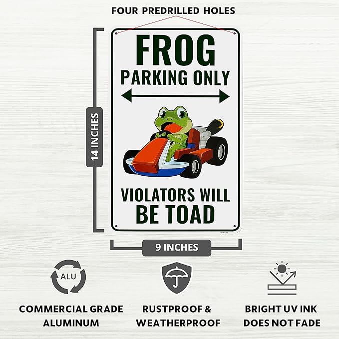 Venicor Frog Parking Sign Decor - 9 x 14 Inches - Aluminum - Cute Frog Gifts for Frog Lovers Women - Frog Tank Room Decorations Accessories Stuff
