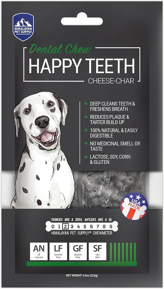 Happy Teeth Cheese & Charcoal Dental Dog Chews | Cheese Flavor with Activated Charcoal | Dental Chew | Protein Rich | Gluten Free - Lactose Free - Wheat Free - Soy Free| 2 Chews per Resealable Pouch