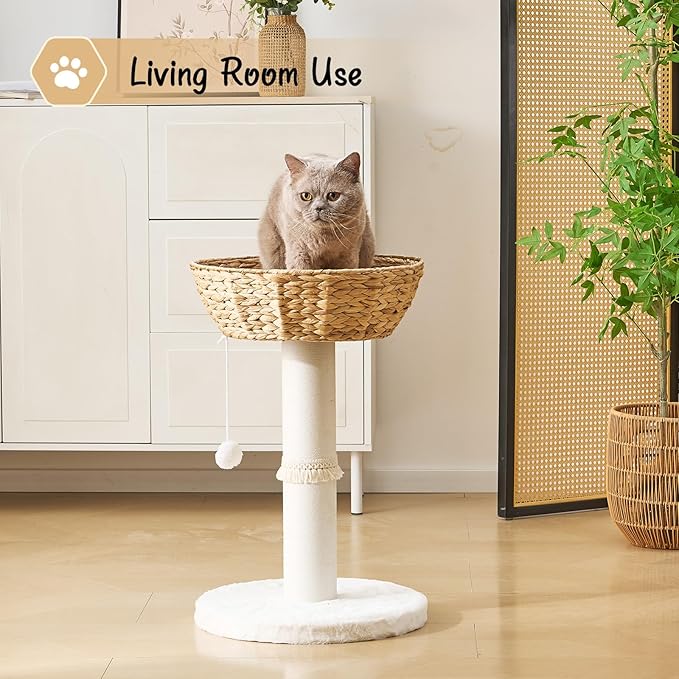 Cat Tree Tower, Natural Material Cat Condo with Handwoven Nest Basket Bed, Cotton Scratching Post, Funny Hanging Toy Ball, 2 Sides Cushion Top Perch, Water Hyacinth