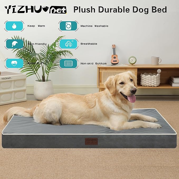 Dog Bed Mats for Large Big Dogs - Orthopedic Dog Pet Bed Thick Egg Foam Crate, Removable Washable Cover, Non-Slip Bottom Durable Dog Crate Bed Mat (Dark Gray, XXL(47''x29''x4''))