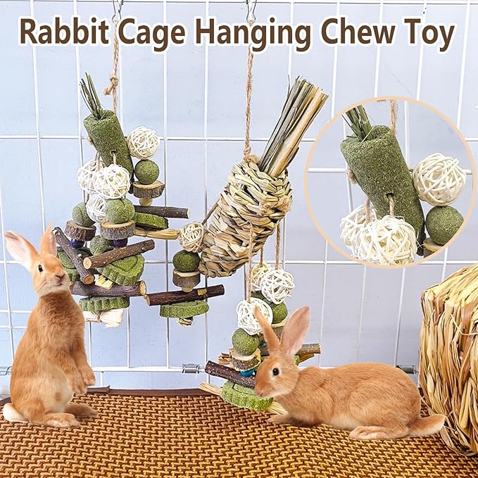 Rabbit Chew Toy, 2Pcs Bunny Cage Hanging Chew Toy & Treats,Natural Material Handwoven Chinchilla Treats Toys for Guinea Pig Hamster Rat and Other Small Pets Teeth Grinding