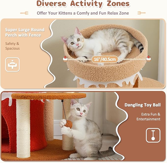 PETEPELA 43'' Cat Tree for Indoor Large Cats, Cat Bed House with 3 Large Cat Condos and Sisal Covered Scratching Posts for Kittens,Browm