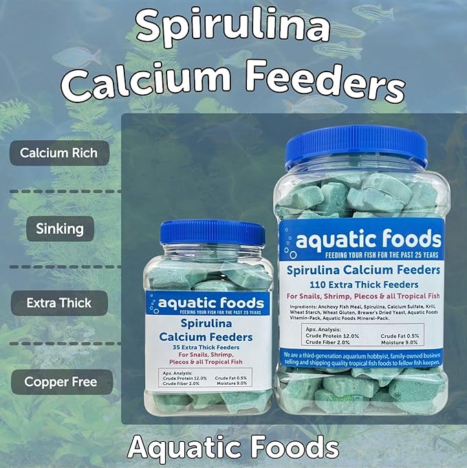 Aquatic Foods Inc. Spirulina Enriched Calcium Feeders for Shrimp, Snails, Crabs, Crayfish, Pleco, Catfish, All Tropical Fish…110 Count Med Jar