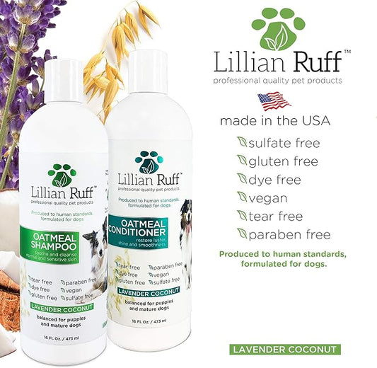 Lillian Ruff PRO Formula Deodorizing Oatmeal Dog Shampoo & Conditioner Set - Calm Itching & Allergies, Ultra-Nourishing Dry Skin Relief - Oatmeal, Aloe, Coconut Oil, Lavender & Provitamin B5, USA Made