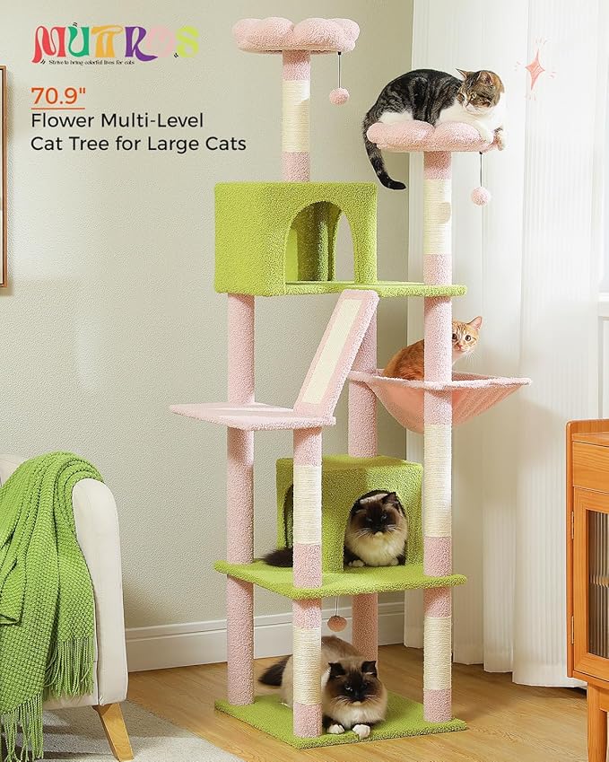 Flower Cat Tree, 70.9" Tall Cat Tree for Indoor Cats, Large Cat Tree for Large Cats, Multi-Level Tall Cat Tower with 6 Scratching Posts, 2 Cat Condos, 2 Perches, Large Hammock, Pompoms, Pink