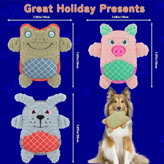 Crinkle Dog Toys Squeaky Plush No Stuffing Cute Puppy Stuffless Tough Rop Pull Toy, Fun Dog Stuffed Animals Durable Chew Set for Small Medium Large Pup (Large, Pink Pig+Green Frog+Blue Dog)