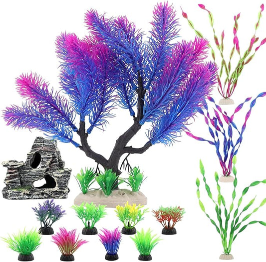 13-Piece Fish Tank Decor Kit: 12 Artificial Plants & Resin Mountain for Lifelike Freshwater/Saltwater Tanks – Hiding Holes, Low-Maintenance, Safe & Fade-Resistant