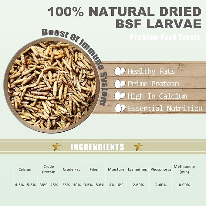 Amzey Dried Black Soldier Fly Larva/Dried Mealworms -2 LBS- 100% Natural BSF Larvae - 85XMore Calcium Than Mealworms - High Calcium Treats for Chickens, Birds, Reptiles, Hedgehog, Geckos, Turtles