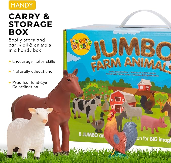 Learning Minds Set of 8 Jumbo Farm Animal Figures - Farm Animals for Toddlers Age 1-3 - Farm Toy for Kids Age 18 Months Plus - Animal Toys for Kids 1,2,3 Years Old