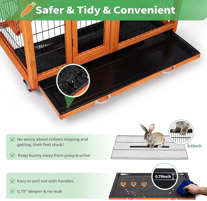 COZIWOW Rabbit Cage Indoor with Wire Bottom, 2-Level Large Wooden Bunny Hutch on Wheels Outdoor for Multiple Small Animals, Orange + Colorful Patterns