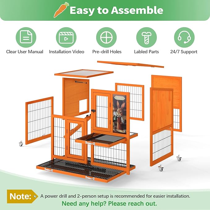COZIWOW Rabbit Cage Indoor with Wire Bottom, 2-Level Large Wooden Bunny Hutch on Wheels Outdoor for Multiple Small Animals, Orange + Colorful Patterns