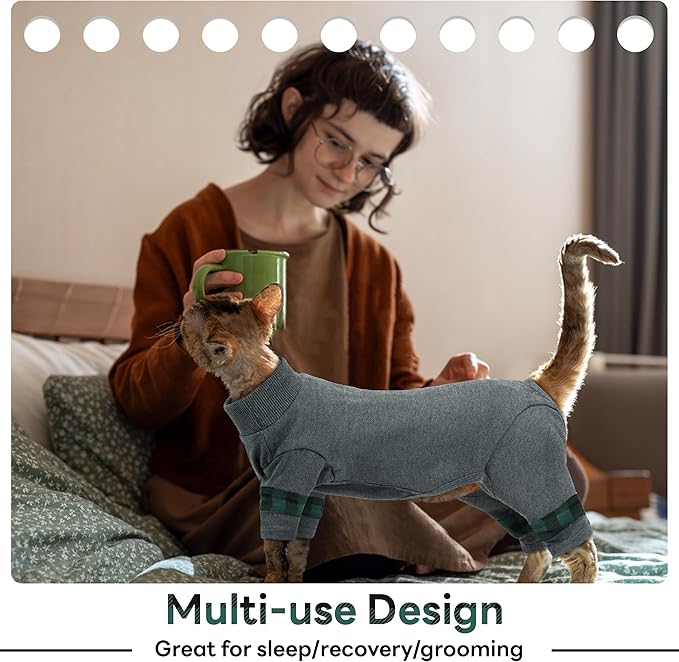 PUMYPOREITY Cat Shirt with Rear Snap Closure, Stretchable Cat Sweater, Comfort Pajamas Post-Bath, Recovery Suit - Full Coverage for Wound Care, Kitten Onesie - Machine Washable, S, Grey