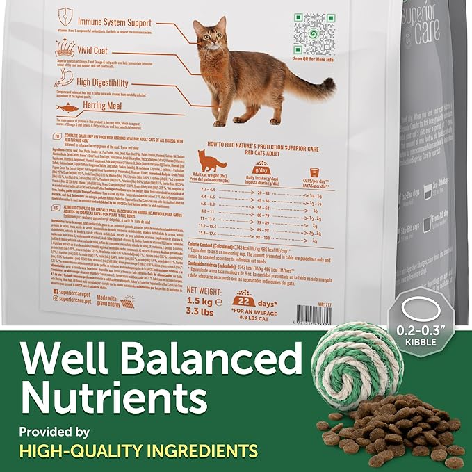 Nature's Protection Dry Cat Food - Grain Free, High Protein Cat Food Dry Kibble for Indoor Adult Cats with Red Fur - Sensitive Stomach, No Tear Stains & Hairball (Superior Care - Herring, 3.3 lb)