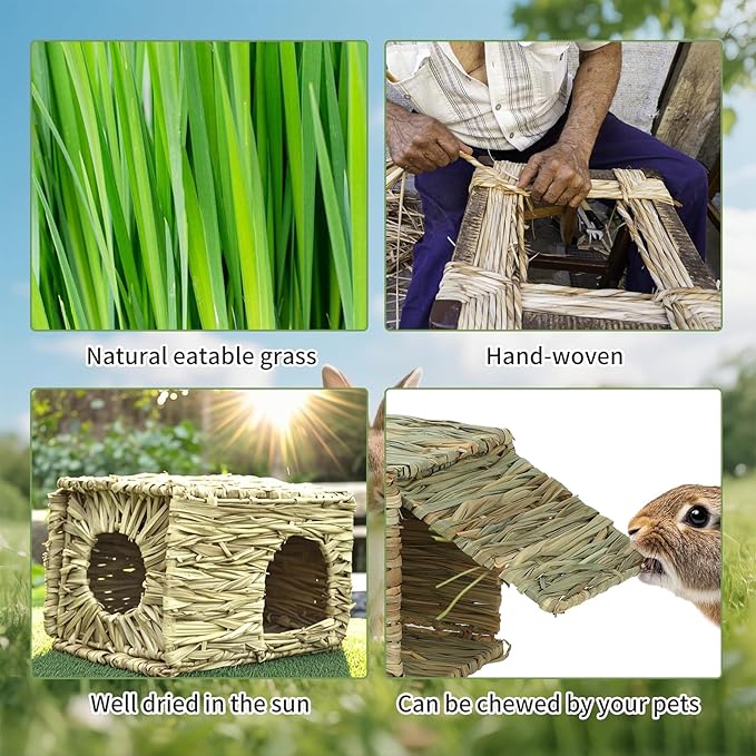 BWOGUE Bunny Grass House Natural Seagrass Bed Hideaway Toy Rabbit Hideout Hay Mat Chew Toys Guinea Pig Comfortable Hut for Bunny Hamster Chinchilla Small Animals