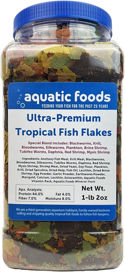 Aquatic Foods Inc. Ultra-Premium 8-Type Special Blend of Tropical Fish Flakes for Discus, Cichlids, Angel Fish, Guppies. Tetras, All Tropicals. AF Flakes…1-lb 2oz Lg Jar