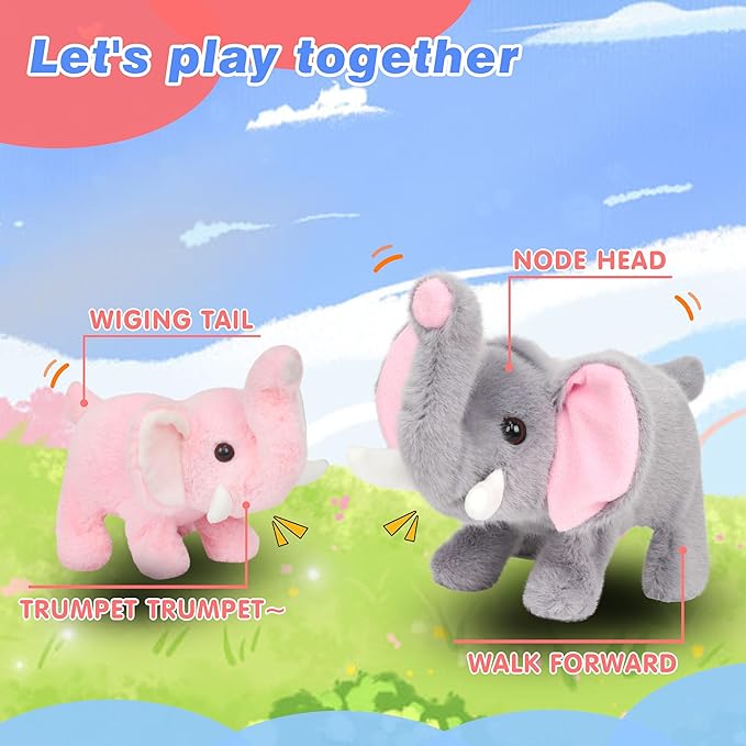 Hopearl Walking Elephant Interactive Crawling Elephish Electronic Plush Toy Animated Gifts for Toddlers Birthday, Pink, 8''