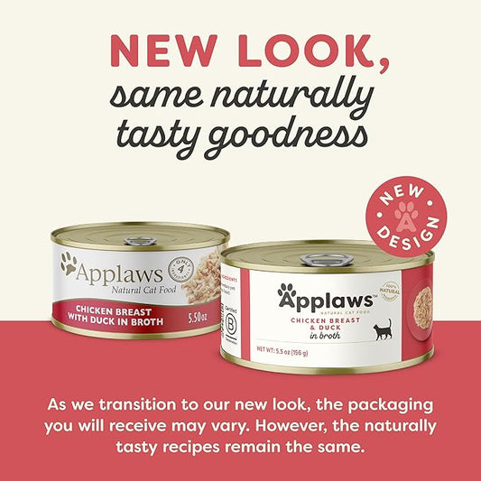 Applaws Natural Wet Canned Cat Food, Limited and Natural Ingredients, High Protein with No Artificial Additives, Chicken Breast & Duck in Broth (24 x 5.5oz Cans)