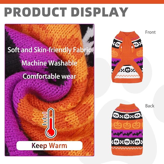 KOOLTAIL Halloween Dog Sweater Costume Fall Winter Clothes - Soft Pumpkin Knitwear Dog Cold Weather Coat, Pet Sweatshirt Pullover Outfit for Small Medium Large Dogs Puppy Cats Girls Boys Orange M