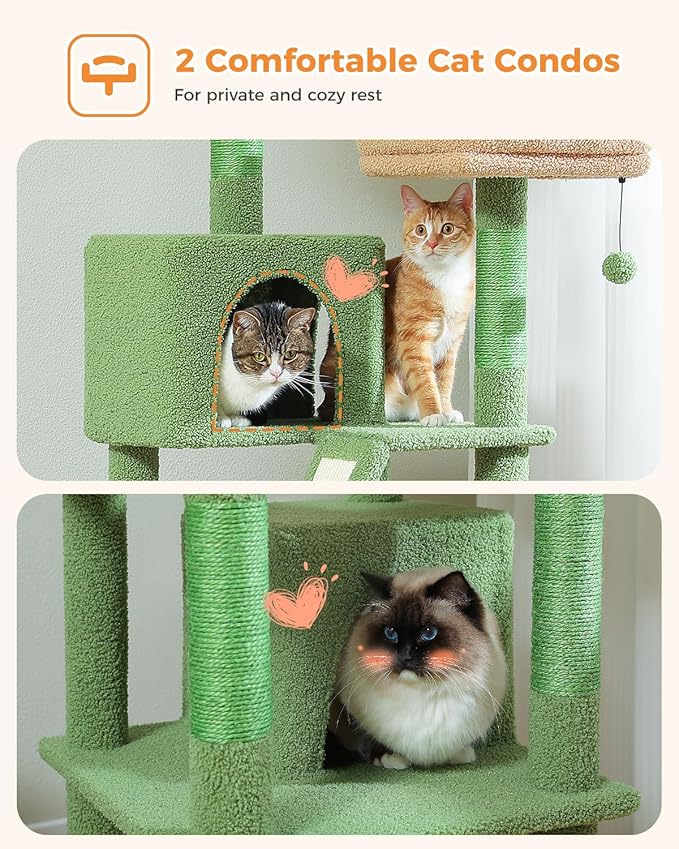 Cactus Cat Tree, 70.9" Tall Cat Tree for Indoor Cats, Large Cat Tree for Large Cats, Multi-Level Tall Cat Tower with 6 Scratching Posts, 2 Cat Condos, 2 Perches, Large Hammock, Pompoms, Green