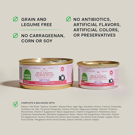 Open Farm Canned Cat Food, Paté for Complete & Balanced Nutrition, Grain-Free and Legume-Free Wet Cat Food, Salmon Recipe, 2.8oz Cans (Case of 18)