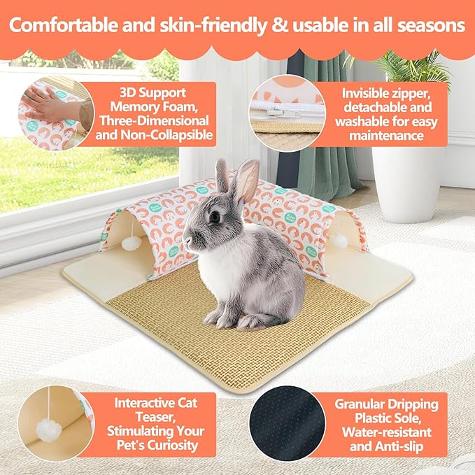 Rabbit Tunnel with Cooling Mat - Detachable Washable Pet Bed for Rabbits, Guinea Pigs, Chinchillas - Ventilated Floor Play Mat for Cats, Small Animals & More