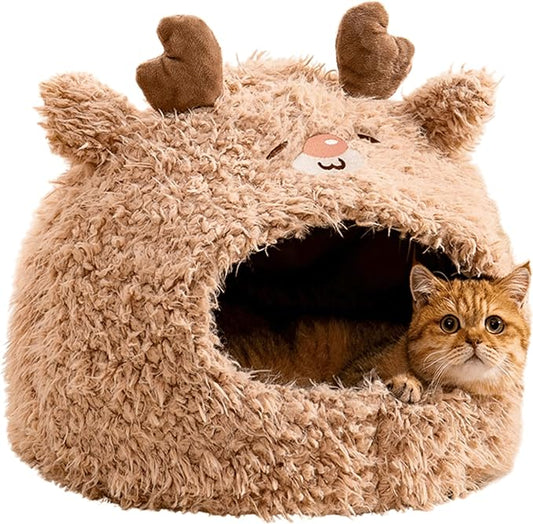 Animal Design Pet Bed Cat Dog Bed for Indoor Cats Pet Tent Cave with Removable Cushion Plush Half-Enclosed Warm House for Cats Small Dogs Kitten Puppy Sleeping (Deer,Medium)