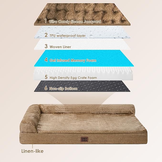 EHEYCIGA Memory Foam Dog Bed XLarge Sized Dogs, Extra Large Dog Bed Orthopedic with Washable Removable Cover, Waterproof XL Pet Bed Couch, 44x33x6 Inches, Camel