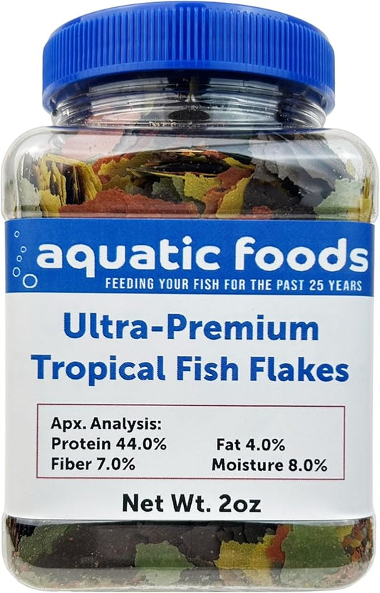 Aquatic Foods Inc. Ultra-Premium 8-Type Special Blend of Tropical Fish Flakes for Discus, Cichlids, Angel Fish, Guppies. Tetras, All Tropicals. AF Flakes…2oz Small Jar