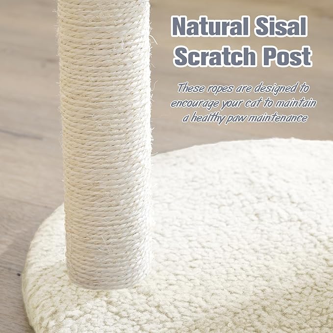 YOCAN Small Cat Tree Tower Indoor with Large Cozy Plush Top Perch, Natural Sisal Scratching Posts, Interactive Dangling Ball Great for Kittens and Cats (White)