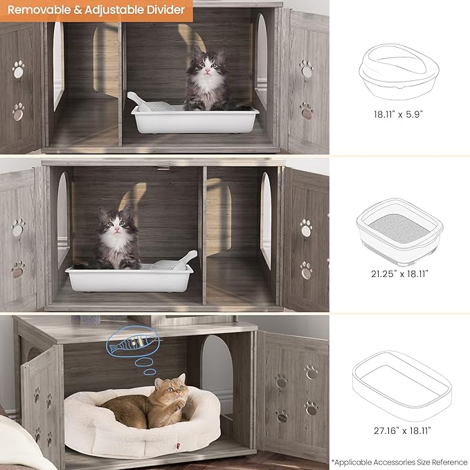 DKLGG Litter Box Enclosure with Cat Tree, Large Cat Tree with Hidden Litter Box Enclosure | All-in-one Indoor Kitten House w/Sisal Scratching Post, Plush Perch Platform & Divided Condo (Grey)