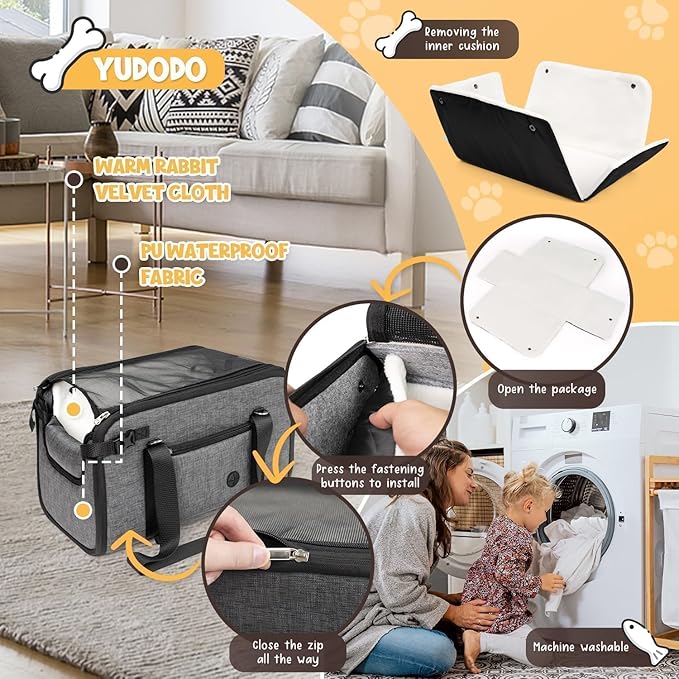 YUDODO 18lbs Dog Car Seat (Width >9in) for Small Dog Large Center Console with Removable Velvet Cushion Luxury Puppy Cat Travel Portable Booster Seat Anti-Slip Pet Car Bed Carseat PU Leather Gray