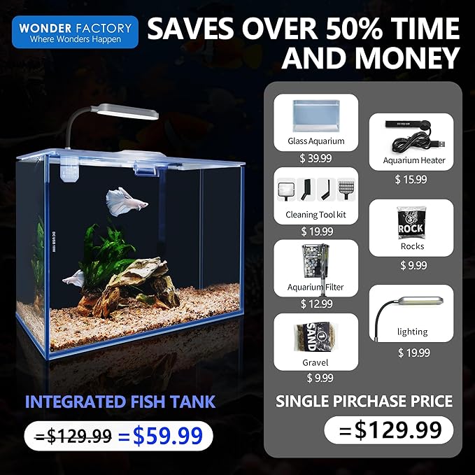 Small Aquarium Set Glass 2.6 Gallon Fish Tank, Starter Kit with Heater Self Cleaning System Efficiency Filter Bright Light Rocks Gravel Cleaning Tool, Leak-Proof Ultra-Clear Rimless Desktop Betta Tank