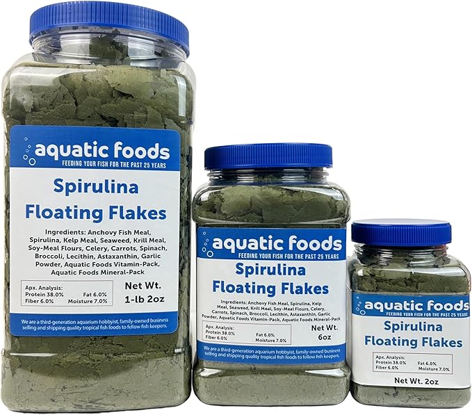 Aquatic Foods Inc. Premium Spirulina Flakes for African Cichlids, All Central and South American Cichlids, Koi, All Community Tropical Fish Also Pellet Mix, Wafer Mix Included…6oz
