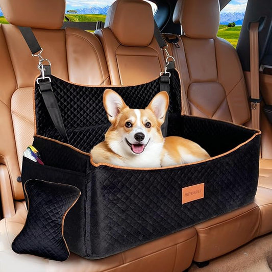 Dog Car Seat for Medium Dogs or 2 Small Dogs, Memory Foam Booster with Bonus Pillow & Removable Washable Cover, 2 Safety Leashes, Anti-Slip Base - Supports 50lbs (Black)